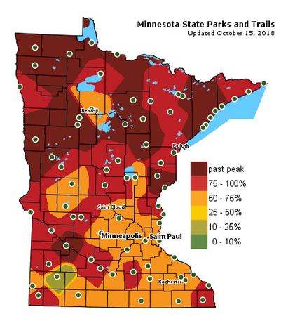Minnesota DNR's Fall Color Finder map, example shown from Oct 15, 2018