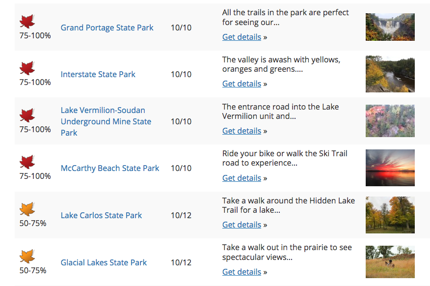 screen shot of an example of fall color updates for each of minnesota's state parks