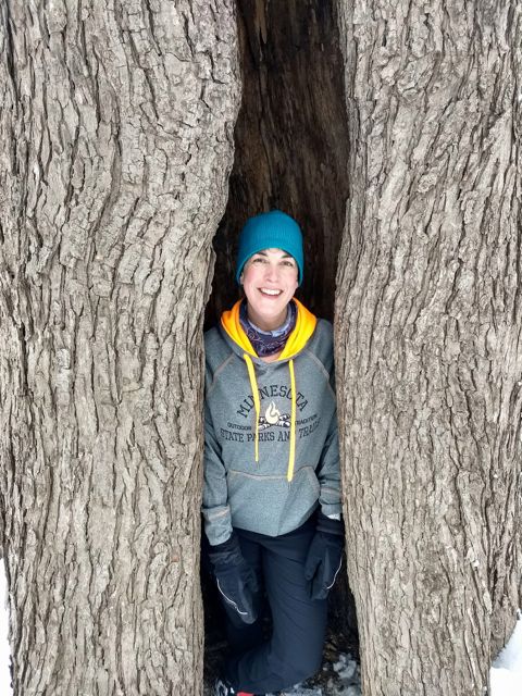 woman inside a huge cottonwood  on pike island at fort snelling state park