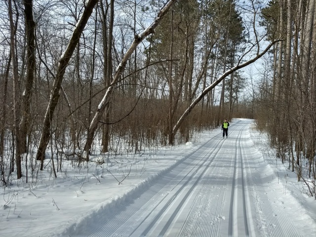 A skier on a flat section of deer creek loop 