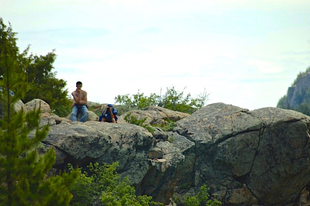 boys not having fun on the hike! Sitting on boulders