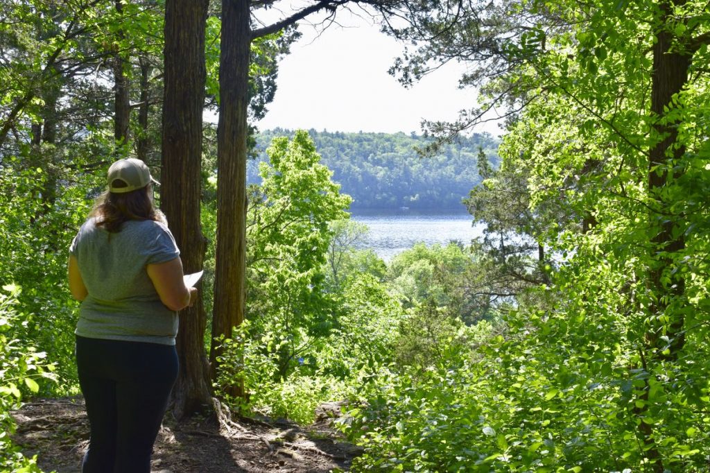 woman hiker overlooking the st croix river among the trees