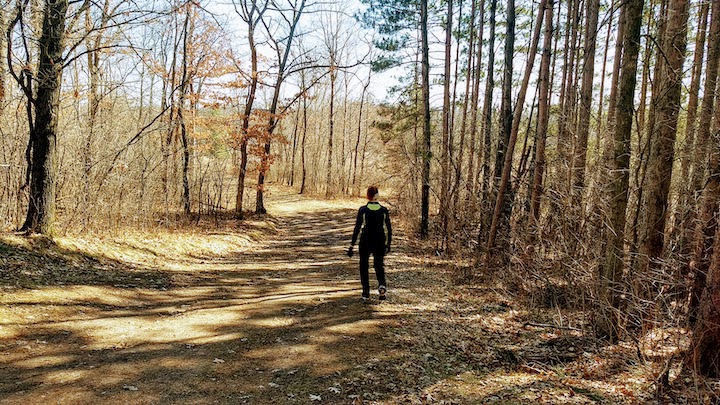 hiker on a natural-surface trail at Lake Elmo Park Reserve in early spring