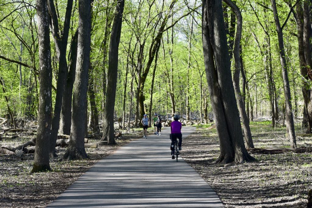biker and hikeers on a paved trail in crosby farm regional park, surrounded by mature trees