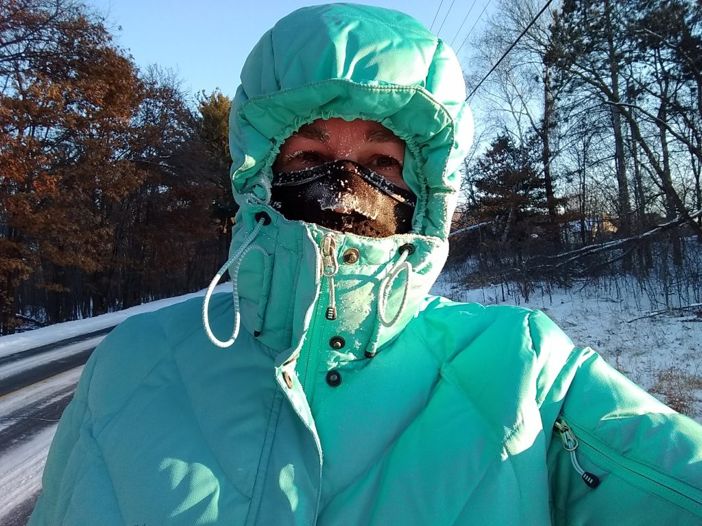 person wearing a seirus neofleece face mask on an exceptionally cold day