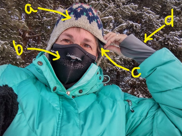 wind resistance and insulation for face and head, arrows pointing to objects referred to in text
