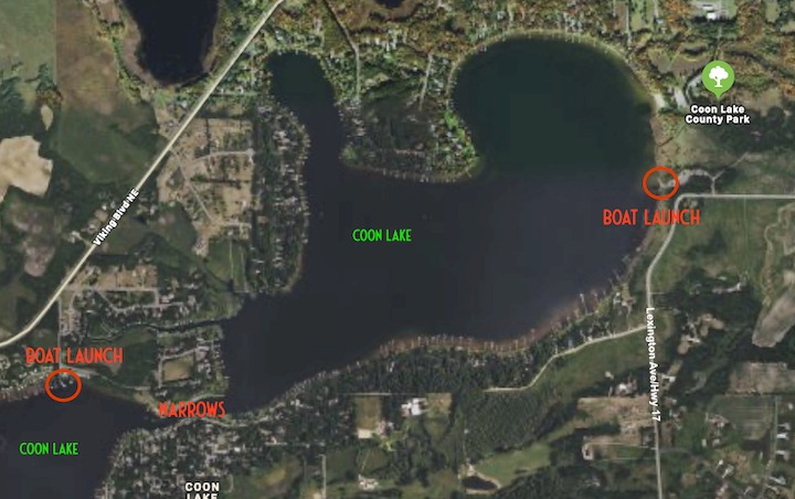 map of Coon Lake with the two boat launches marked