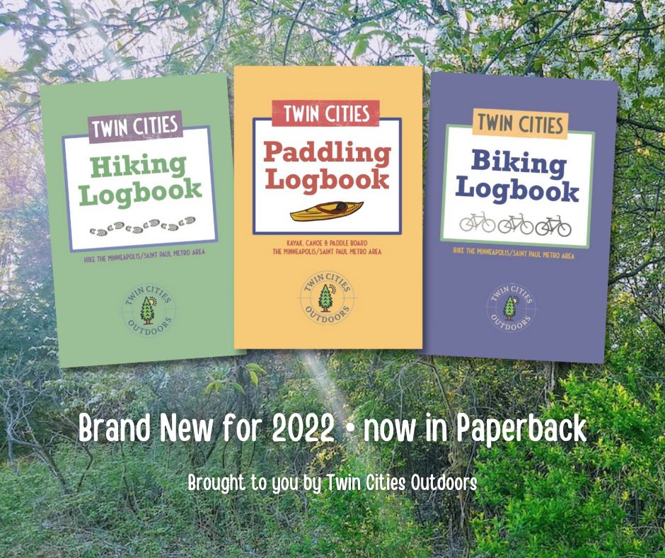 image of Hiking Logbook, Paddling Logbook and Biking Logbook with trees in the background. "Brand New for 2022 • now in Paperback"