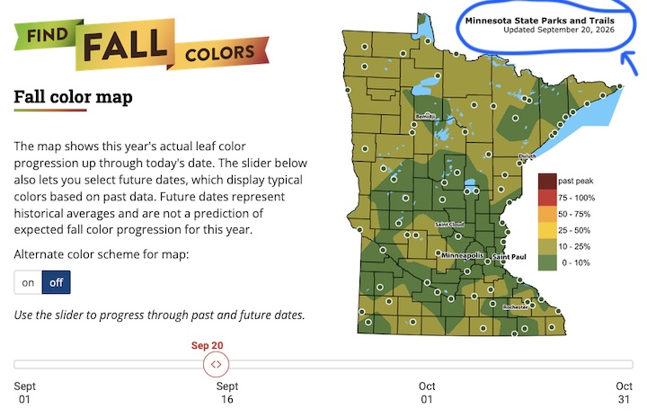 screenshot of Minnesota fall color finder for Sept 20, 2026