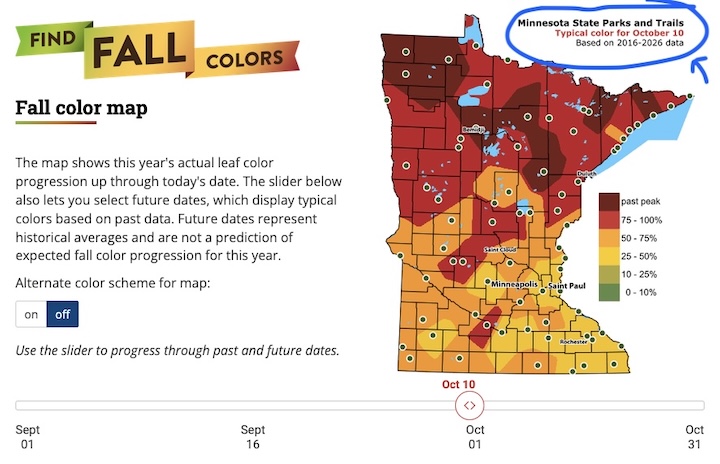 screen shot of Minnesota Fall Color Map showing future typical color