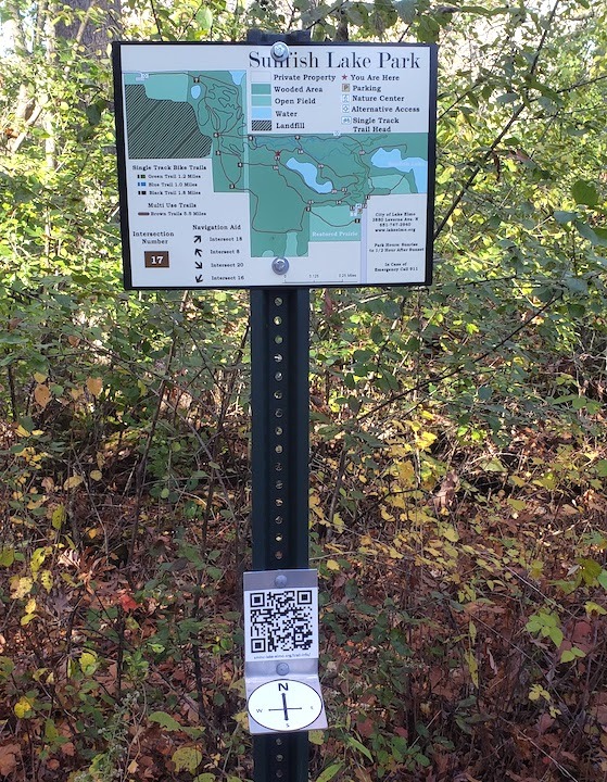 Intersection #17 trail sign with QR code for compass readings