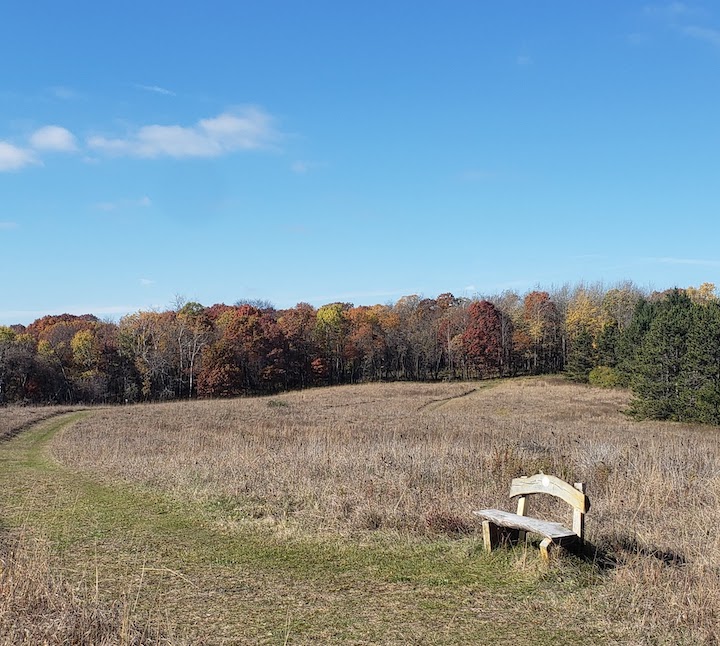a rustic bench along a prairie trail for tired hikers
