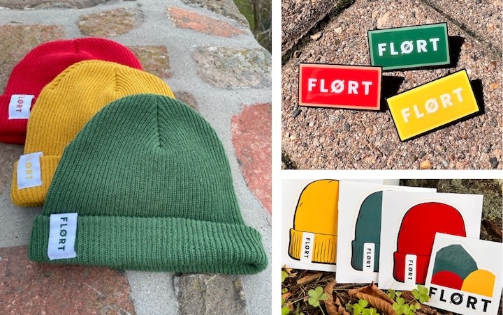 FLORT beanies, pins and stickers in red, gold and green