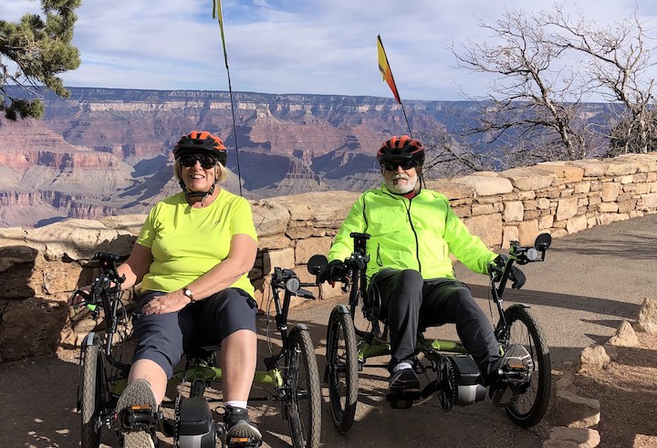 bonny and john on their recumbent trikes at the Grand Canyon