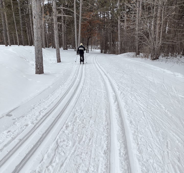 skier on a groomed trail in the woods