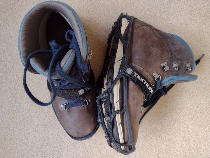 winter hiking boots with Yaktrax traction devices
