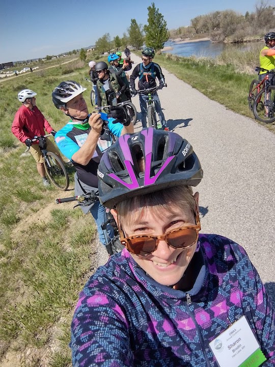 Sharon with a group of bikers in Casper, WY