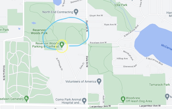 Reservoir Woods Park map with parking area and hiking area circled