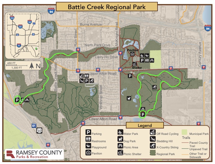 Battle Creek Regional Park map with my bike routes in green