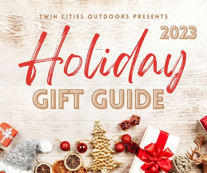 "Twin Cities Outdoors presents 2023 Holiday Gift Guide" with images of scattered Christmas decor and gifts along the bottom