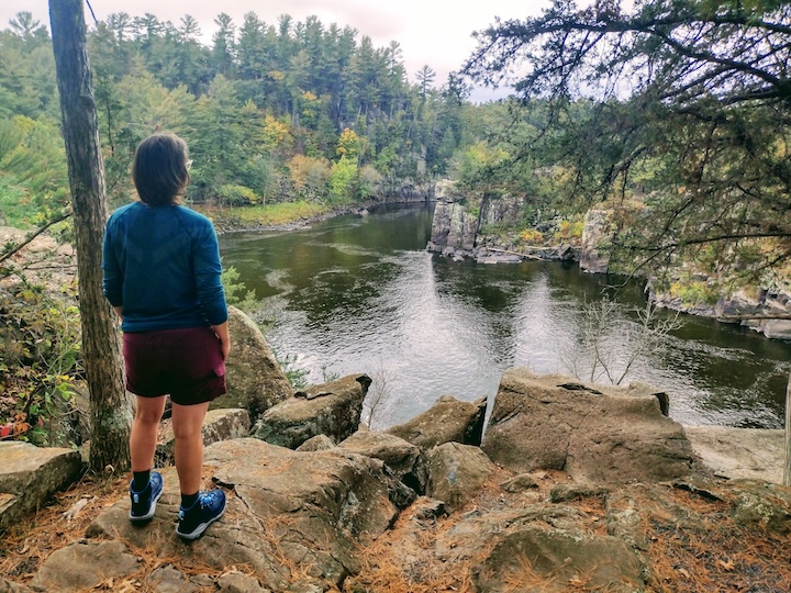 hike on a high cliff overlooking the St Croix River at Taylors Falls